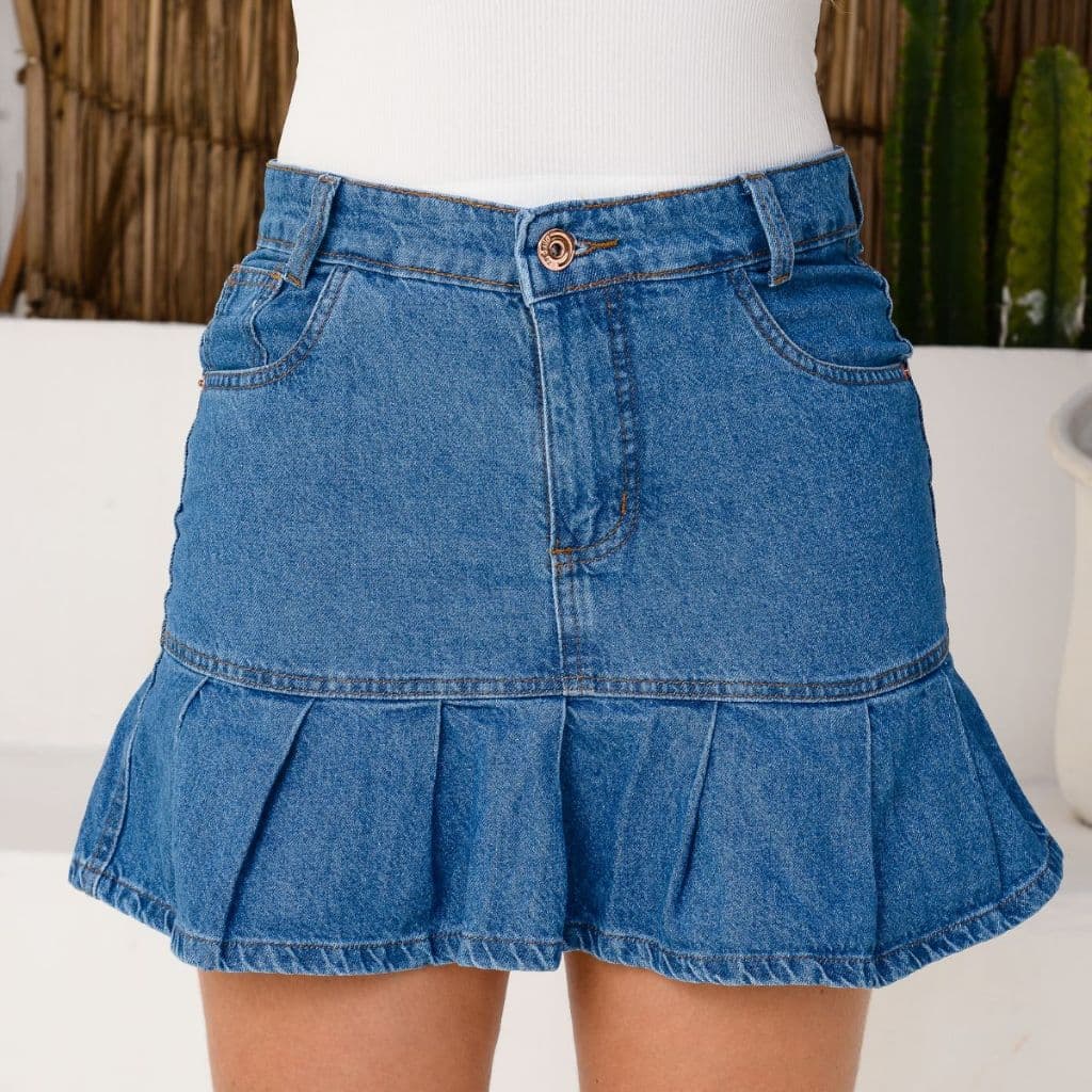 Saia Jeans Premium Feminina Com Detalhe Desfiado Babado de Estilo Tradicional Verão Snow Power