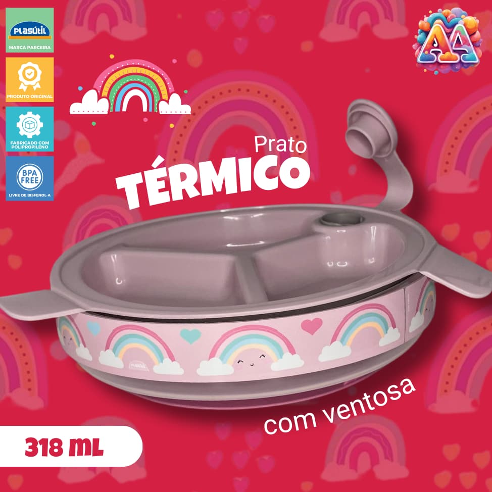 Prato Infantil Térmico Com Ventosa Com trava e Divisória Infantil Arco Iris Plasútil