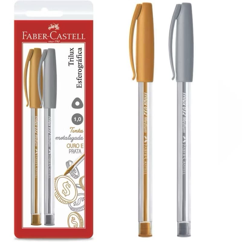 Caneta Esferográfica Trilux Tinta Metalizada 1.0mm Ouro e Prata Faber-Castell 2 UN