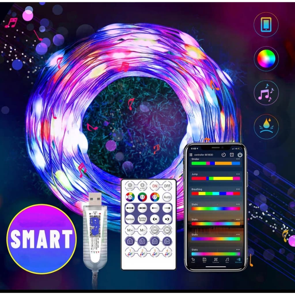Pisca LED RGB usb+CONTROLE /Controle por aplicativo/A prova d'água /Pisca-Pisca Decoração Natal Ano novo 5/10/20Metro