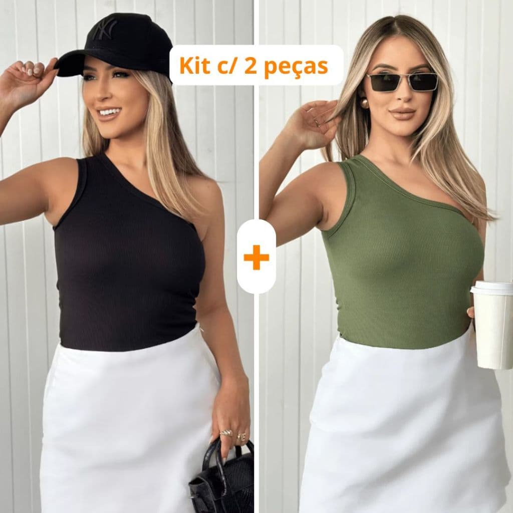 Kit 2 Blusas Feminina Nula Manga Ribana Canelada Algodão Mula Manca Ombro Só Básica Social Elegante