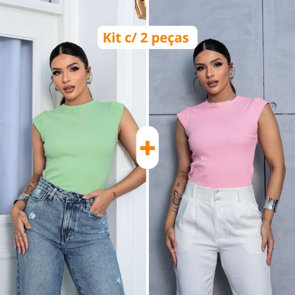 kit 2 Blusas Feminina Muscle tee Lisa Ribana Canelada Gola Redonda Básica Social Elegante