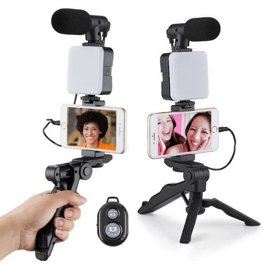 Tripé Estabilizador de Mão kit Live Suporte Celular Led com Microfone Fazer Vídeos