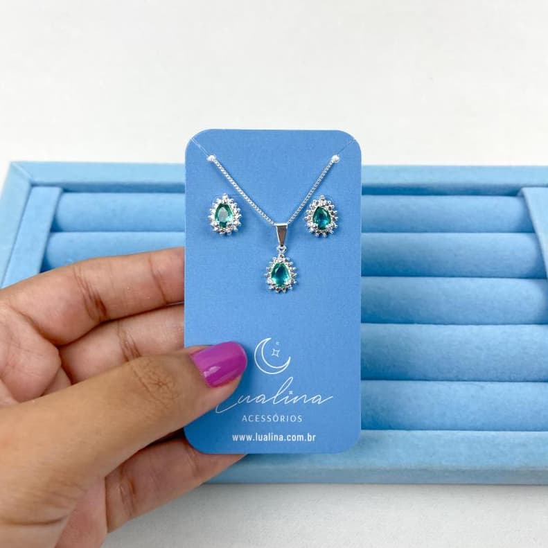 Conjunto Colar e Brinco Gota Turmalina Verde - Banhado a Prata - Ideal para Festa Formatura Casamento