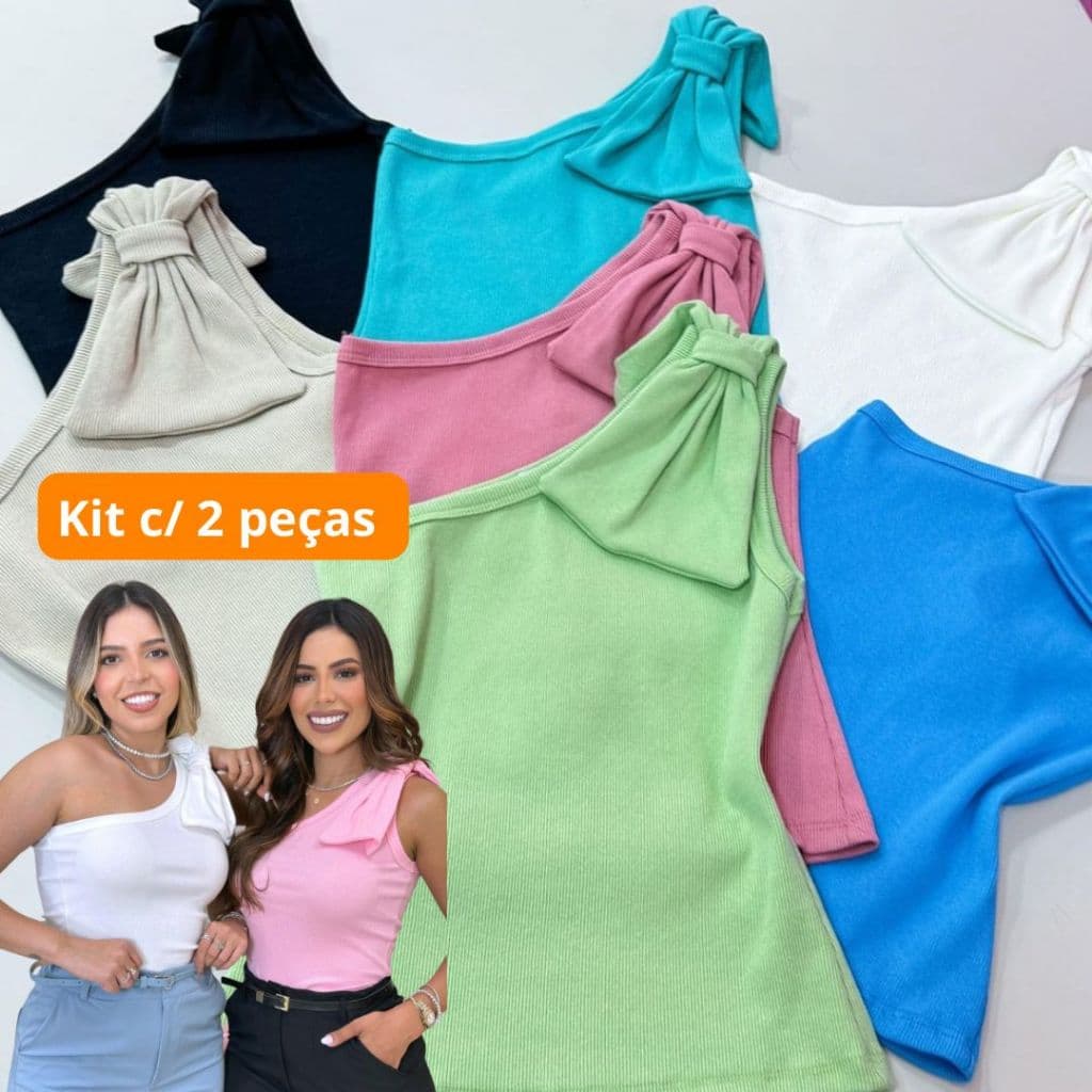Kit 2 Blusas Feminina Nula Manga Com Laço Candy Collor Primavera Verão
