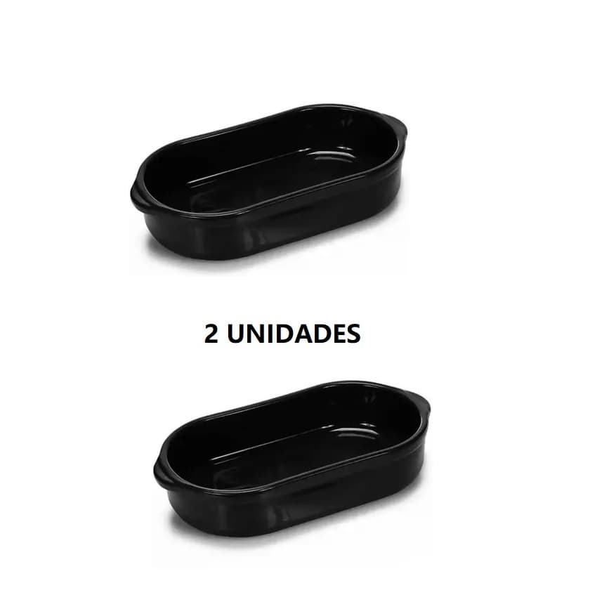 Kit 2 Travessa Preta 1300ml Plastica Alacarte Ceramica Porcelana Grossa Resistente Assadeira Oval Porções