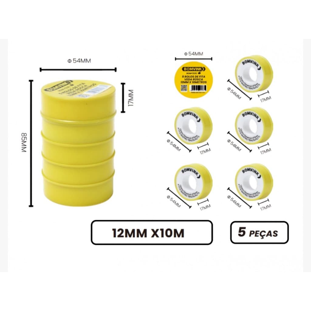 Fita Veda Rosca com 5 Peças 12MM x 10M BOM-1335
