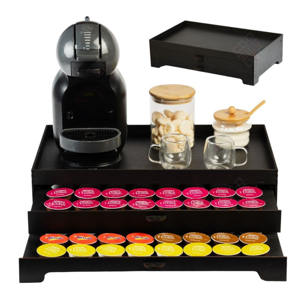 Bandeja Decorativa Preta Mdf com 2 Gavetas Porta 80 Cápsulas para Cantinho do Cafe Servir Escritorio