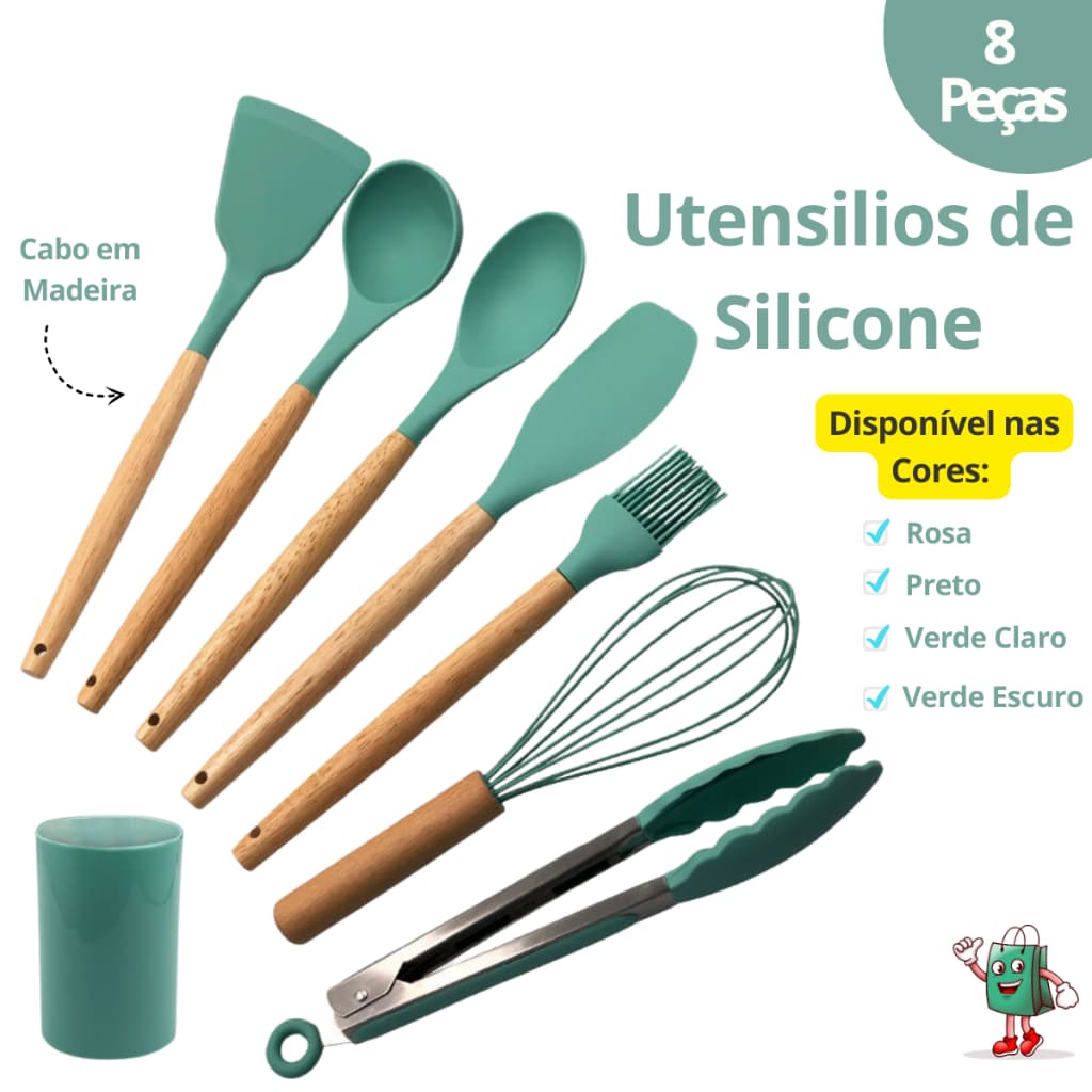 Kit 8 peças Utensílios de Cozinha Silicone com cabo em Madeira - Preto, Verde  e Rosa