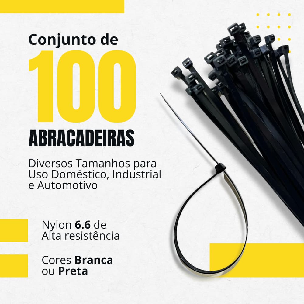 Kit 100 Abraçadeiras de Nylon Tipo Hellerman Enforca Gato Preto/Branco - Várias Medidas