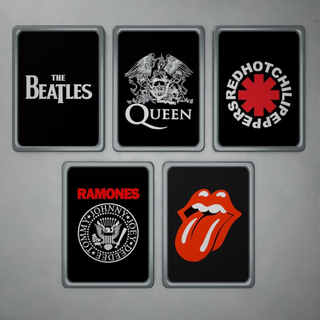 KIT 5 Placas Decorativas Quadro com Moldura Tamanho 30x20cm Tema Rock Bandas