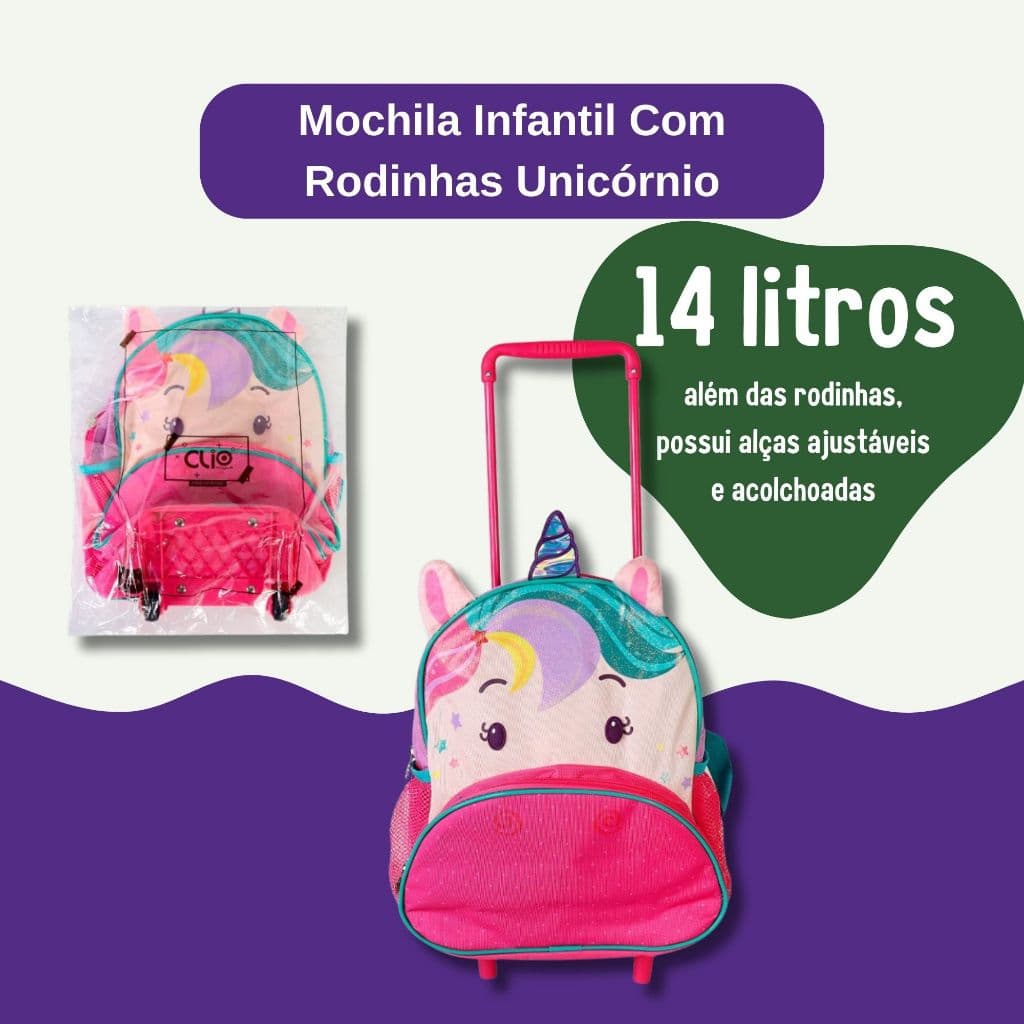 Mochila escolar de rodinhas infantil feminina 14 litros escola passeio viagem alça ajustável
