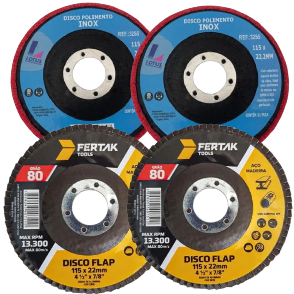 Kit 4 Discos 2 Discos De Polimento 2 Discos Flap GRÃO 80