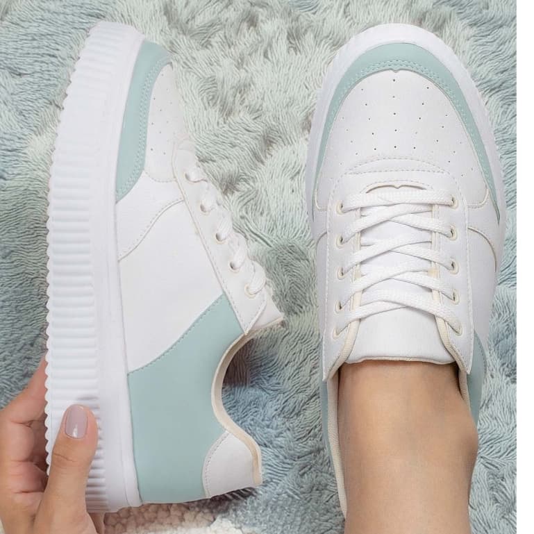 Tênis Feminino Plataforma Casual Verde e Branco, Conforto para o Dia a Dia Macerata Ref:1024