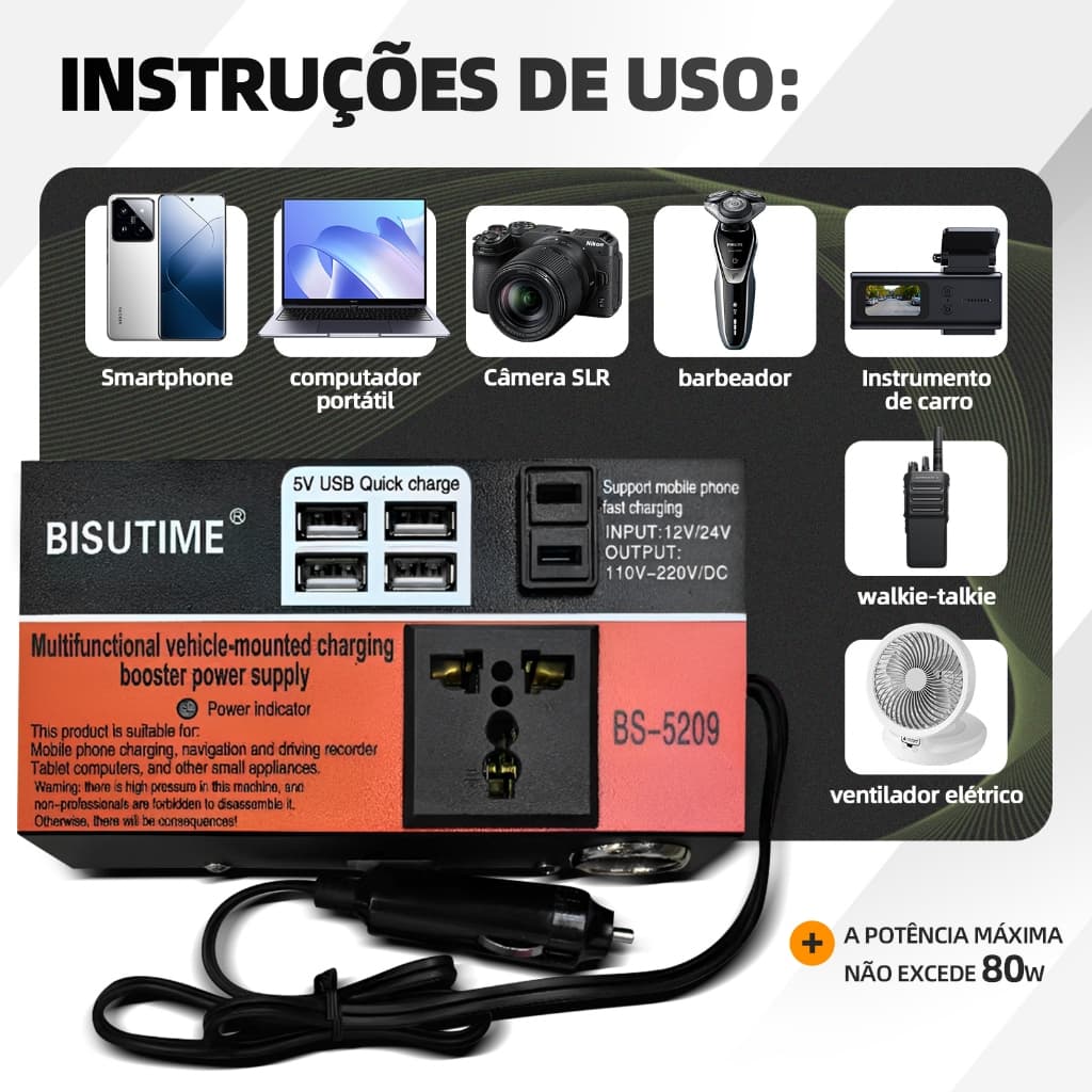 Dc 12V/24v Para 110V/220V Conversor 200W Inversor De Energia Do Carro Com 4 Portas Usb Carregador