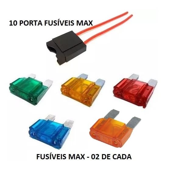 Kit 10 Porta Fusível Lâmina Max Nacional + 2 De Cada Fusível Max 30A 40A 50A 60A 70A