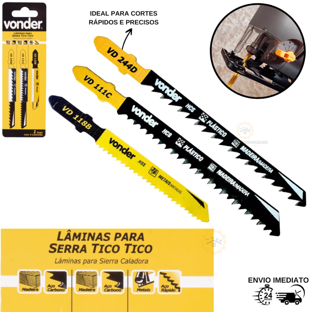 LÂMINAS P/ SERRA TICO-TICO 3 PEÇAS P/ MADEIRA, PLÁSTICO E METAL VONDER PROFISSIONAL