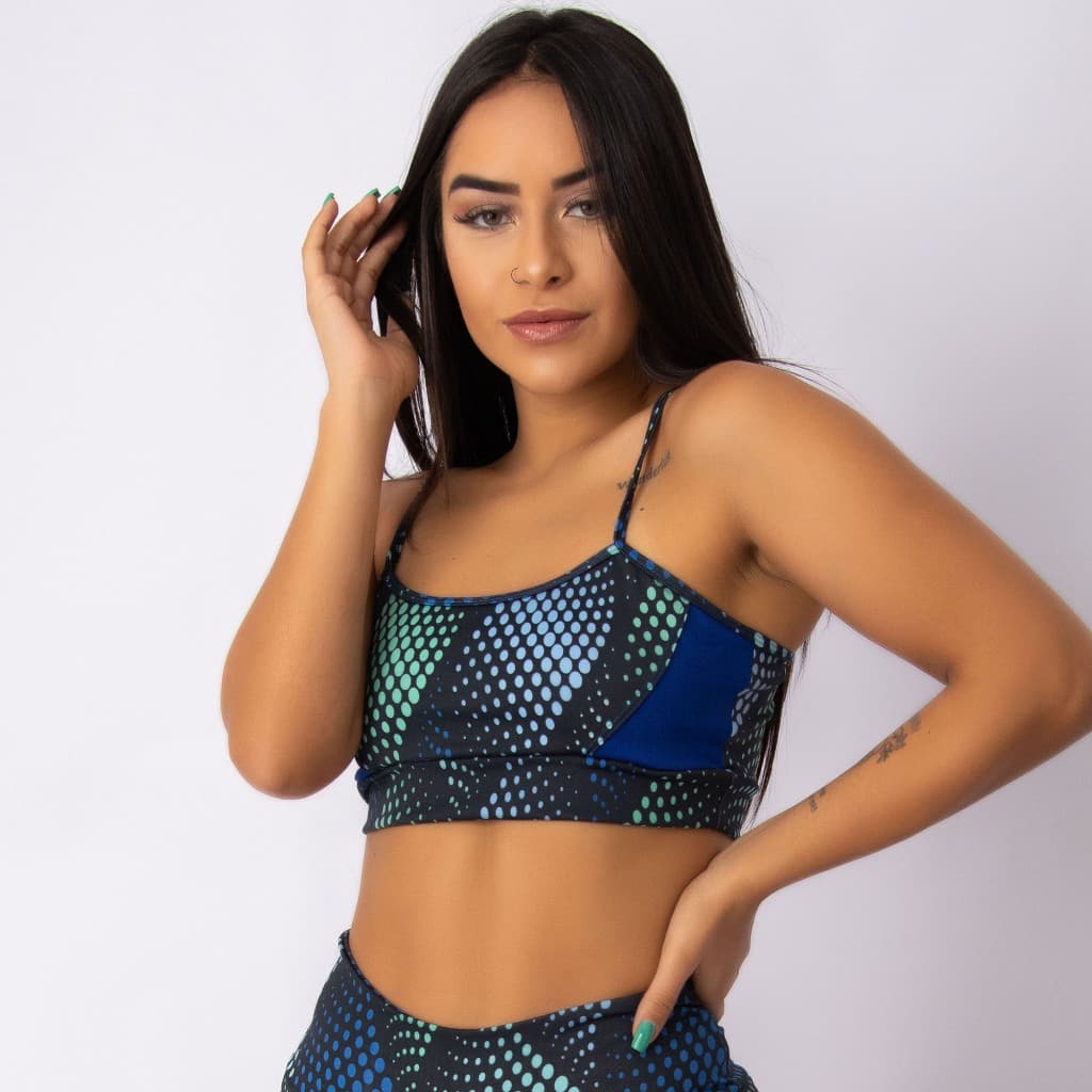 Top Fitness de Academia Feminino Alças Finas Colorful Azul Top Esportivo em Suplex