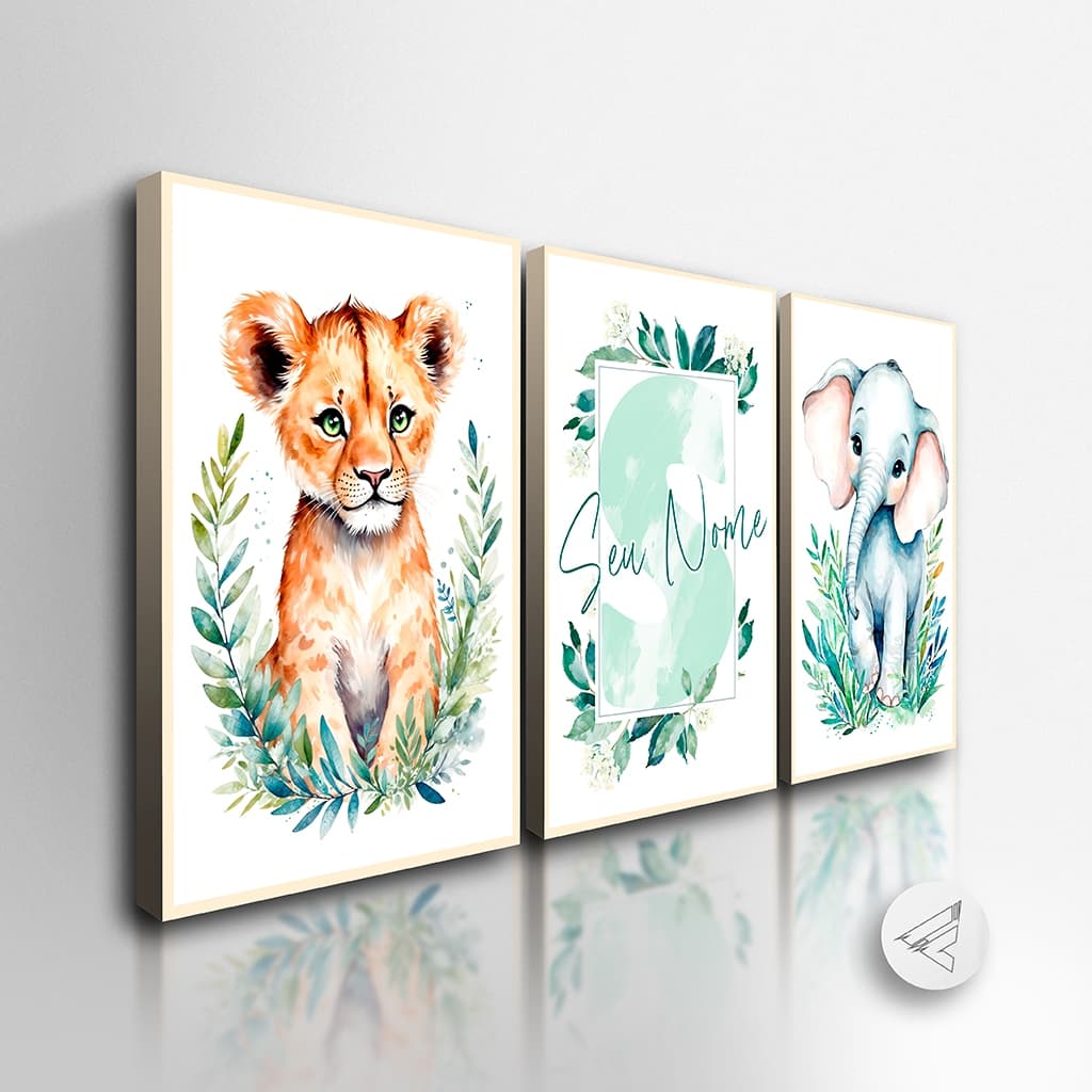 Kit 3 Quadros Decorativos Safari Mosaico *NOME* personalizado Sala Quarto Escritório All