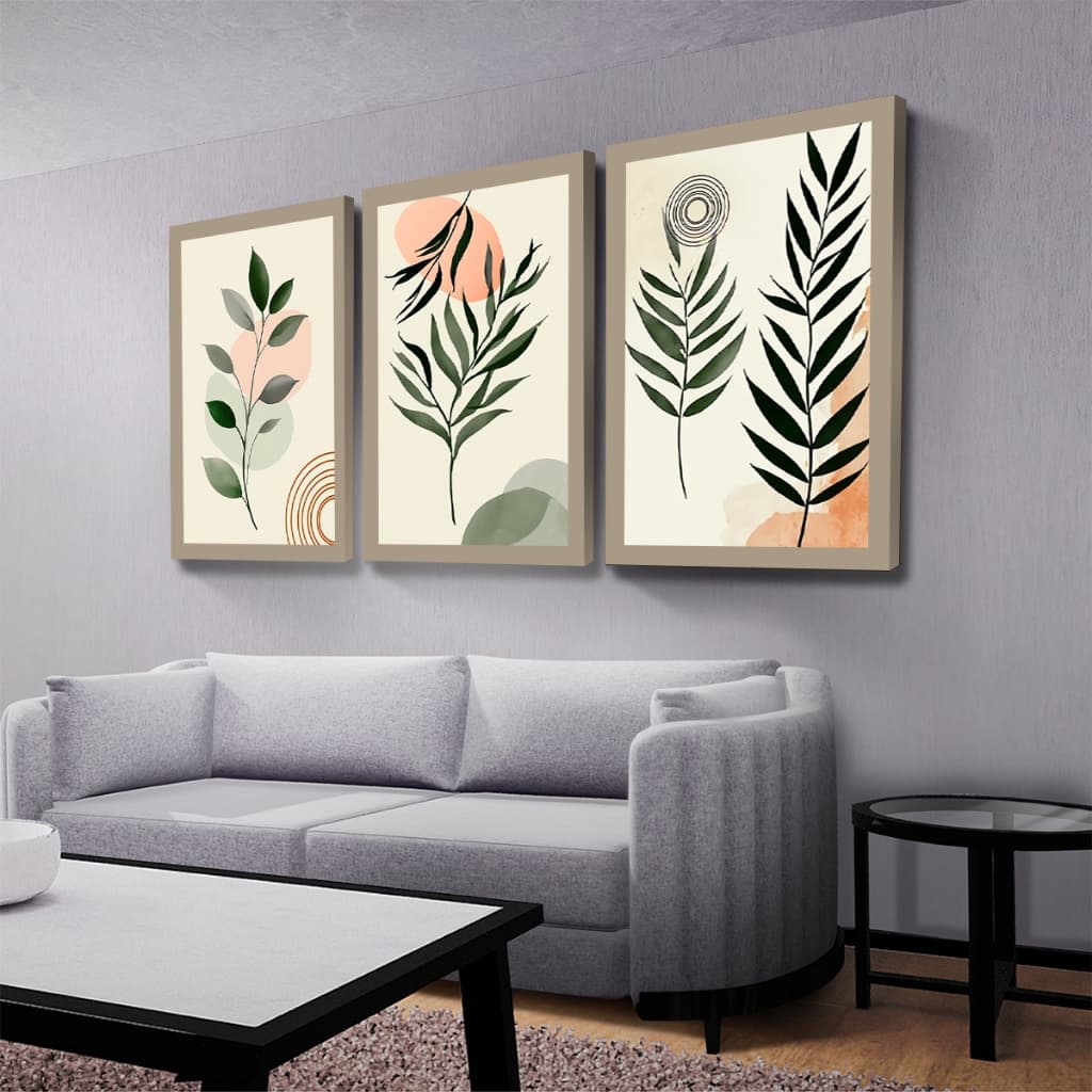 Quadros Decorativos Flores Abstrato Verde Nude Mosaico Sala Quarto Escritório