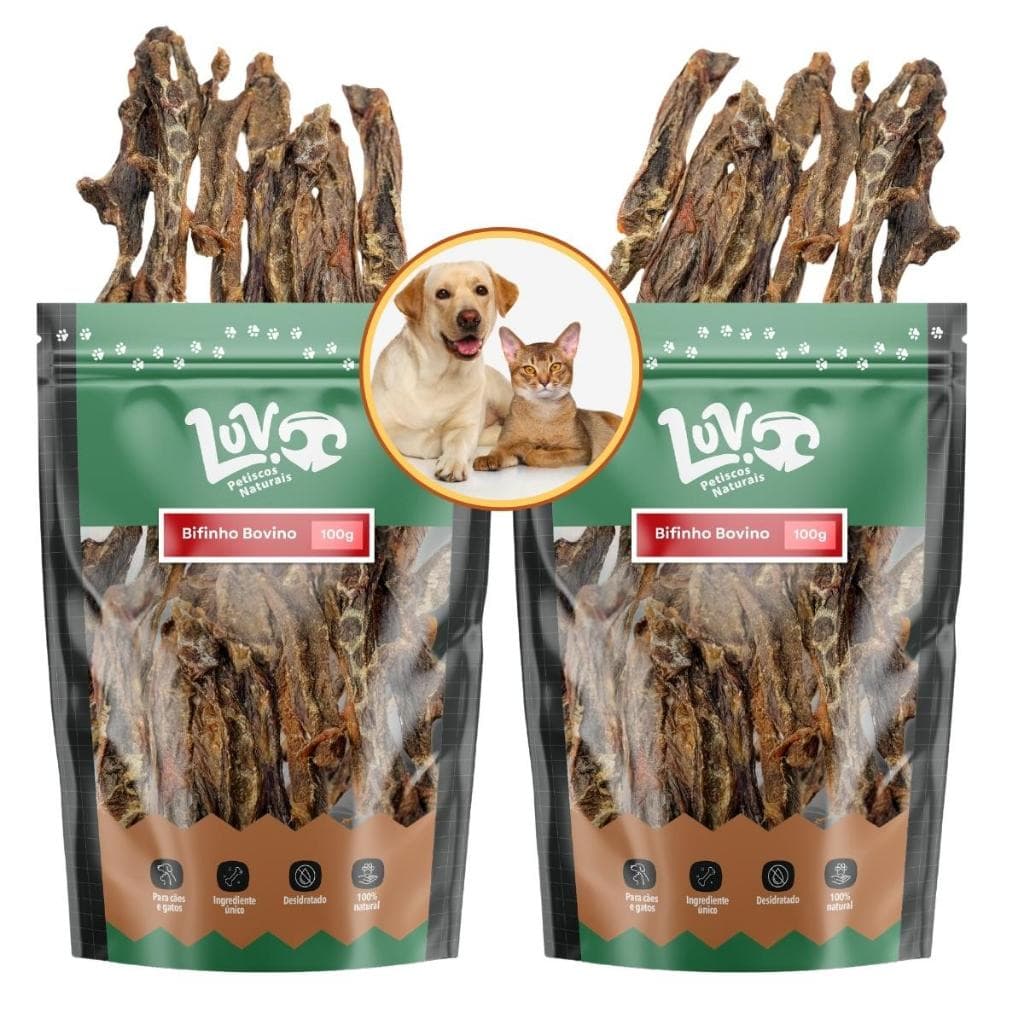 kit 2 Bifinho Bovino Petisco Natural Desidratado para Cachorro e Gatos 100g - LUV Petiscos