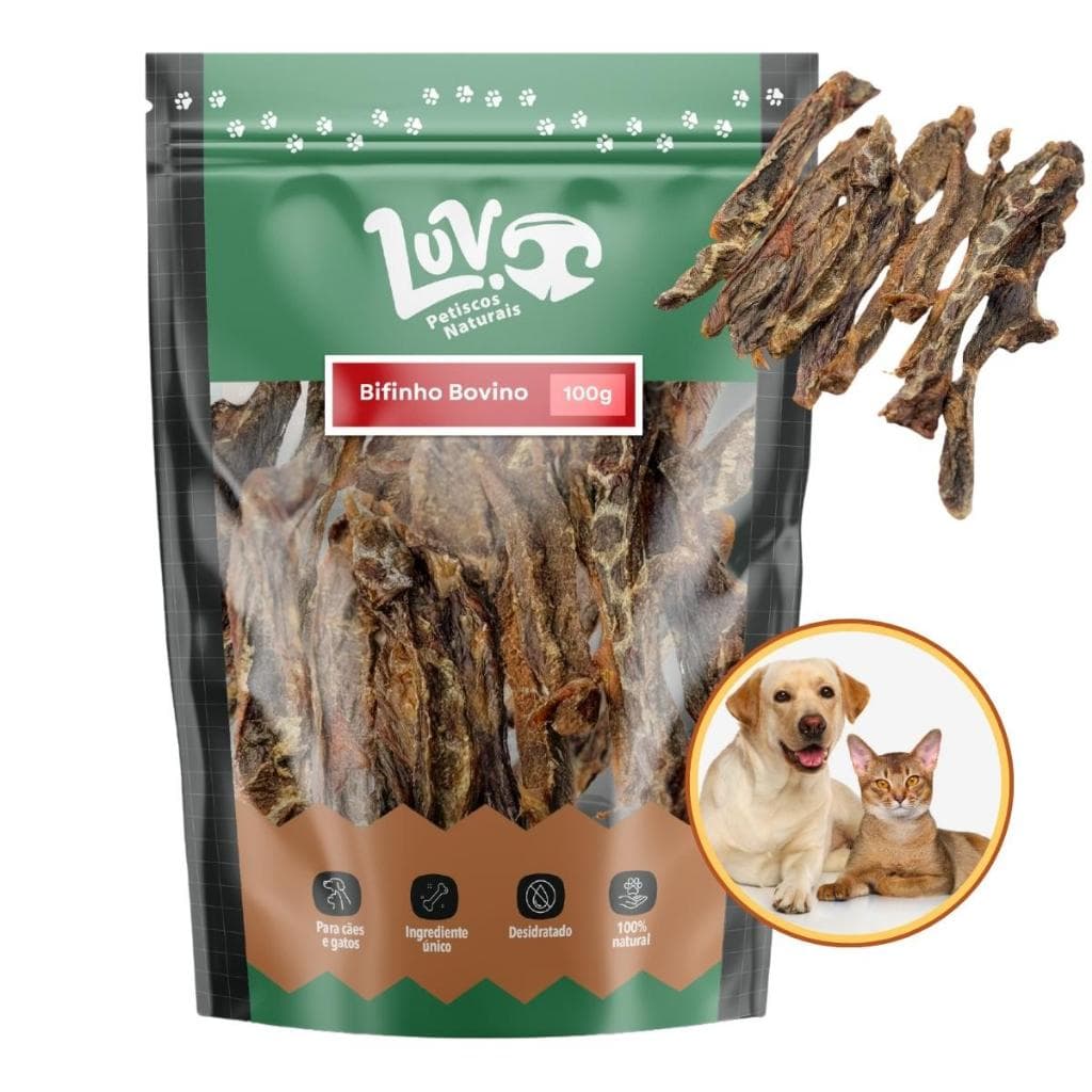 Bifinho Bovino Petisco Natural Desidratado para Cachorro e Gatos 100g - LUV Petiscos