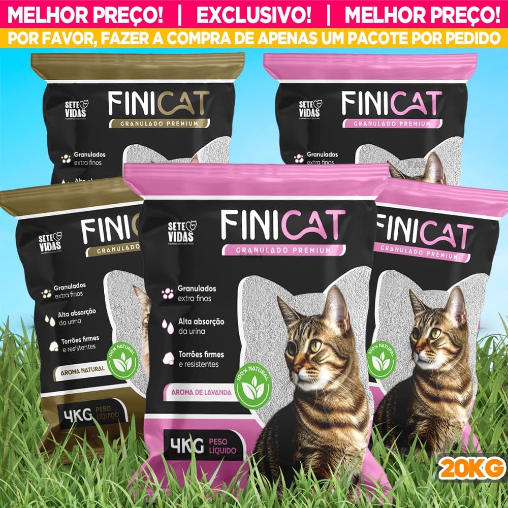 Kit Fardo 5 Pacotes de Areia Granulado Sanitário de Gato Aromatizado Alta Absorção Forma Torrões Fini Cat Lavanda - 20KG