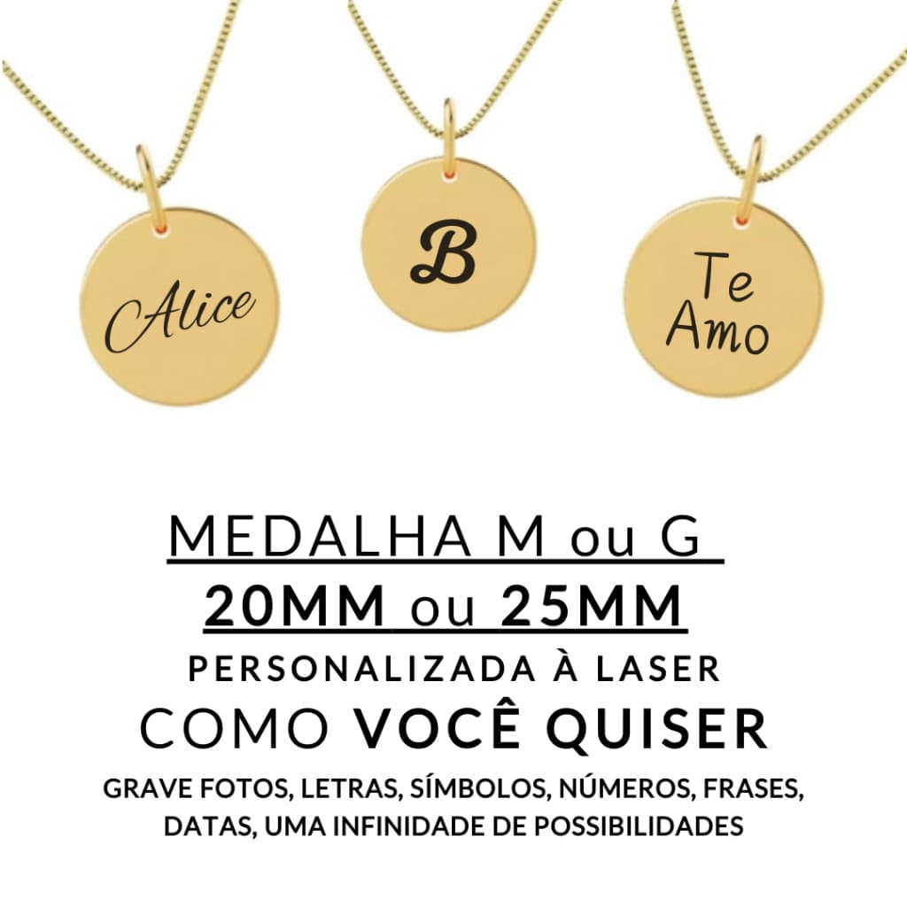 Colar Personalizado à Laser - Tamanho M ou G Personalize Como Quiser Banhado a Ouro