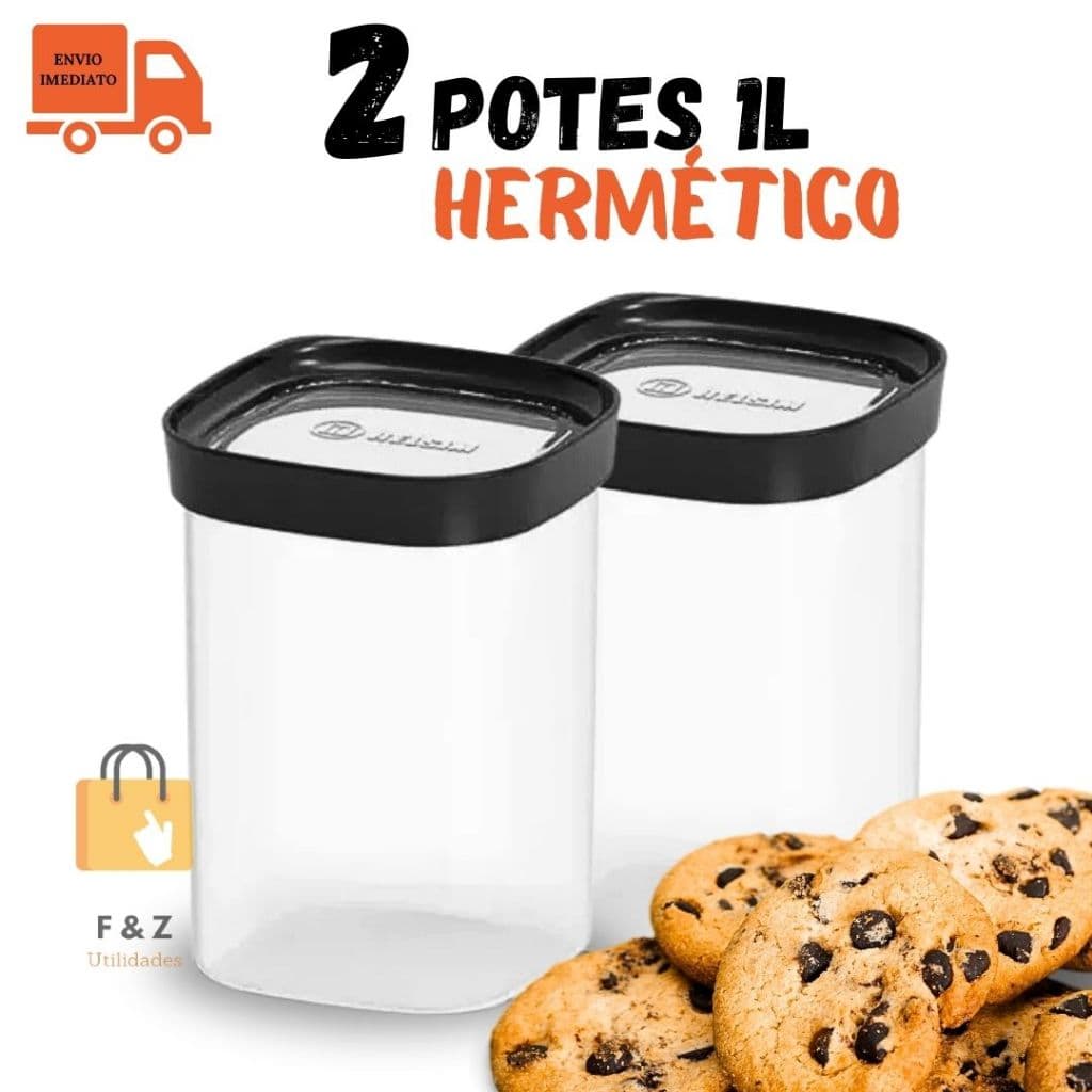Conjunto De 2 Potes Herméticos 1 Litro  Porta Mantimentos Grãos Biscoito Café Cozinha Organização