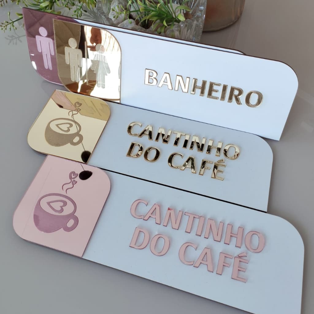 Kit Placas Personalizadas Identificação de Portas em Acrílico Branco e Espelhado, Banheiros, Cantinho do café.