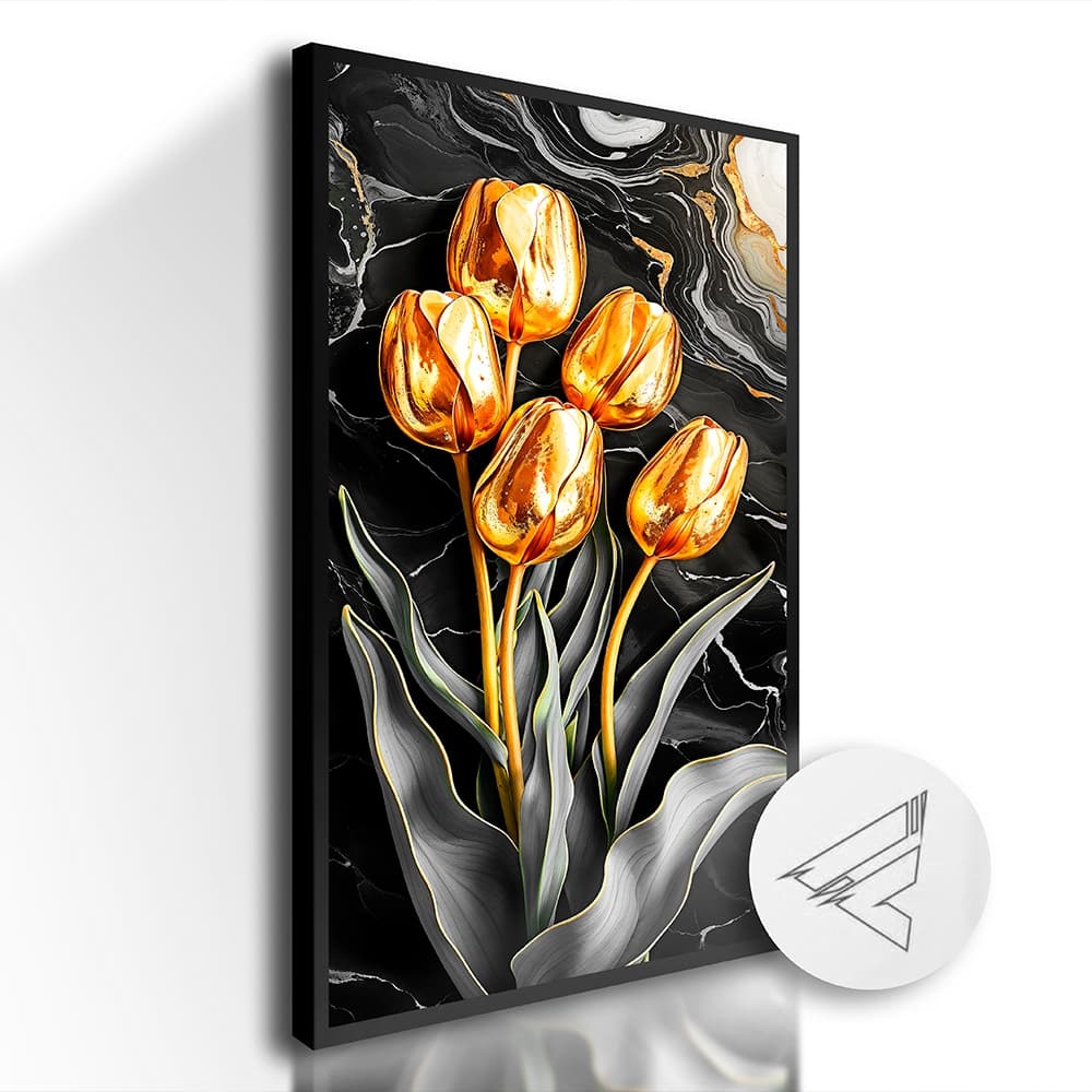 Quadro Decorativo grande Flores, Tulipas Ouro Marmore Quarto, Sala All