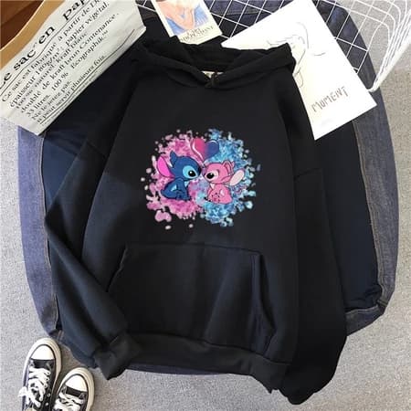 Blusa Moletom Canguru Feminino Preto Com Capuz e Cordão Bolso Moletons Unissex Stitch