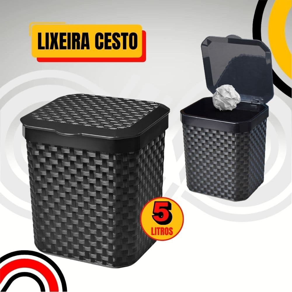 Lixeira Cesto Rattan 5 Litros Preta C Tampa Cozinha Banheiro Lixeira Pia
