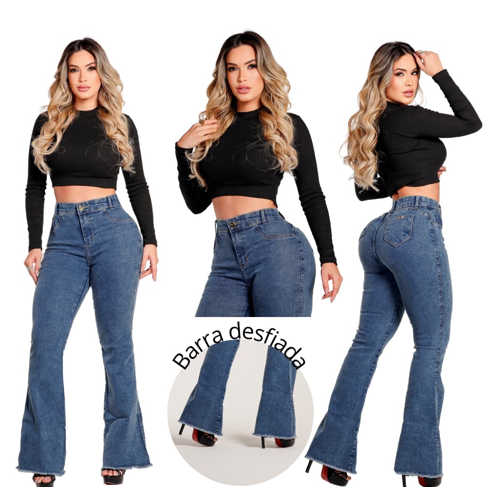Calça Flare Jeans Feminina Marmorizada Boca de Sino Elastano Jeans Premium Modelagem Empina Bumbum