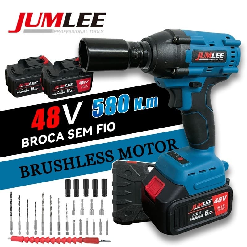 Parafusadeira Chave De Impacto Sem Fio Hagra 48V Com 2 Baterias Maleta Brushless 580N.m