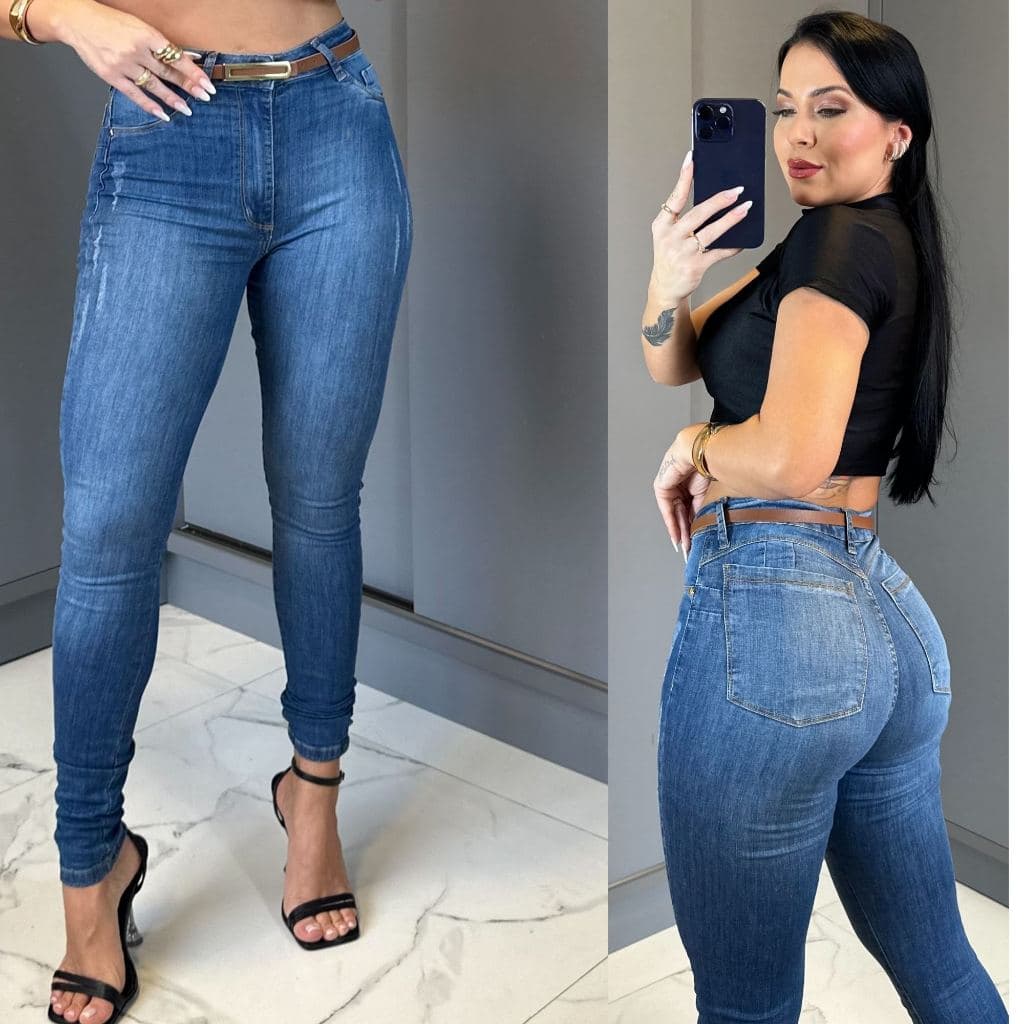 Calça Estilo Pitbull Jeans Feminina Modela e Levanta Bumbum Com Bojo Removível e Cinto.