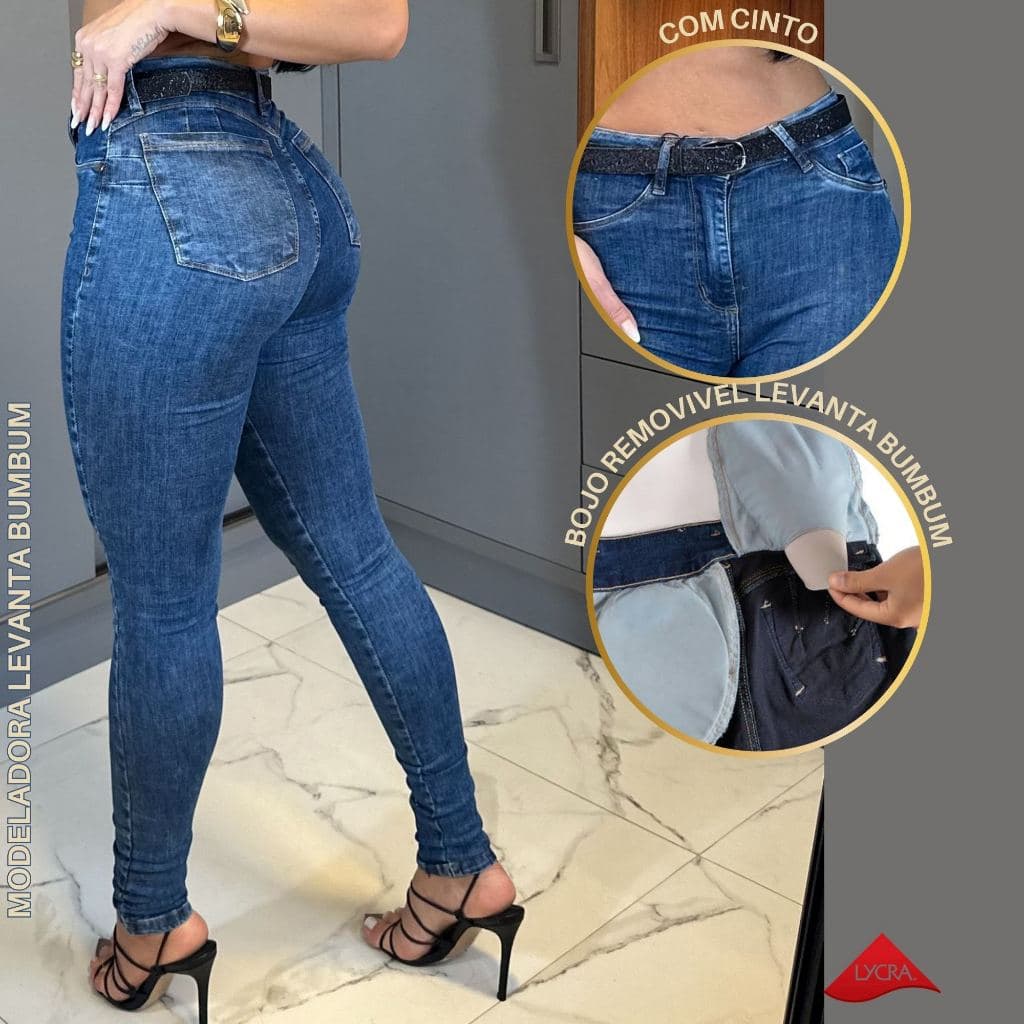 Calca Jeans Levanta Bumbum Modeladora Cintura Alta Super Lycra Com Cinto
