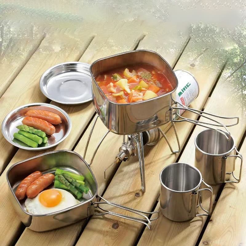 Kit Panelas Aço Inox Compactas para Camping Trekking Panelas Pescaria Completo Portátil Pesca Mochilão com Canecas