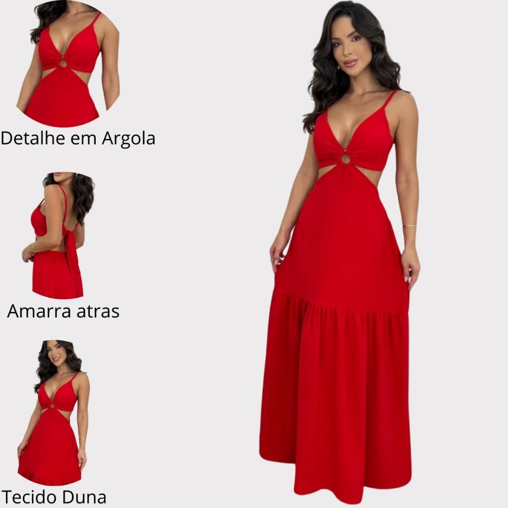 Vestido Feminino Longo Casual Decotado Detalhe Argola Verão Reveillon Elegante Luxo Festa