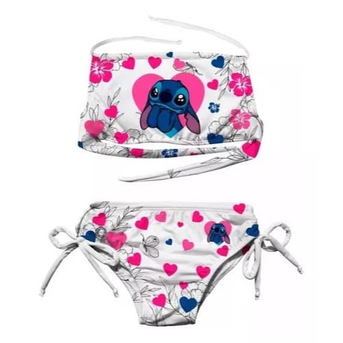 Biquini Infantil Desenho Lilo E Stitch Corações Floral Praia
