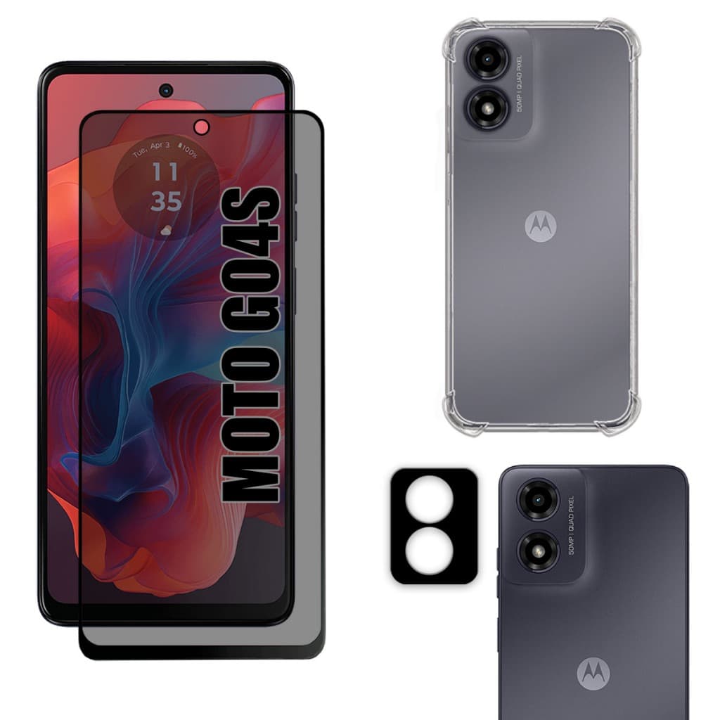 Kit Para Moto G04S  | Película de Privacidade 3D - Capa Anti Shock - Película da Câmera 3D