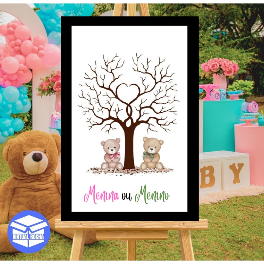 Quadro Decorativo Placa De Recepção Árvore Digitais Chá Revelação Urso Rosa Verde MDF