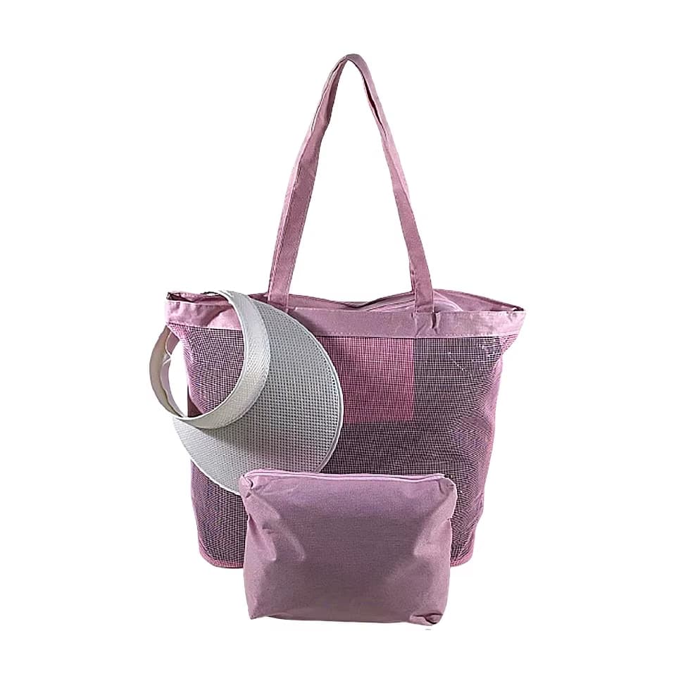 Kit Bolsa de Praia Emborrachada Rosa e Viseira Feminina com Necessaire Clutch