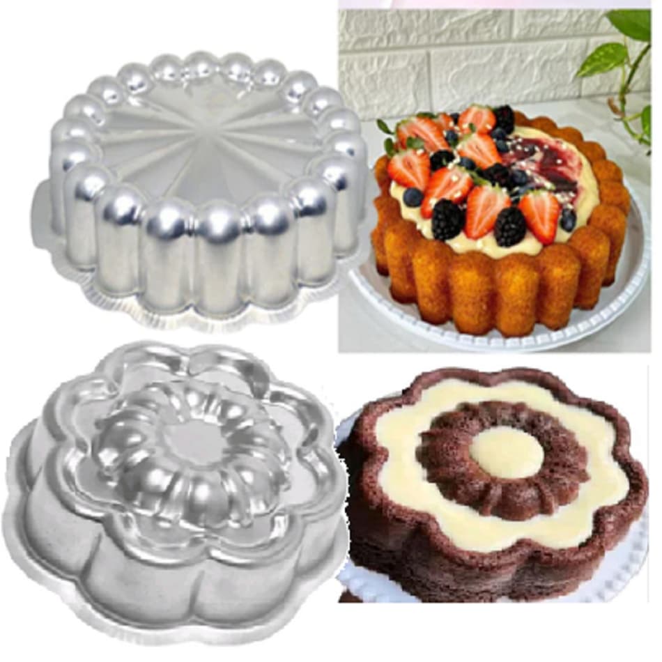 kit 2 Formas de Bolo Suiça Decoradas, Forma Margarida Gomada + Forma Charlotte Gomada em Alumínio