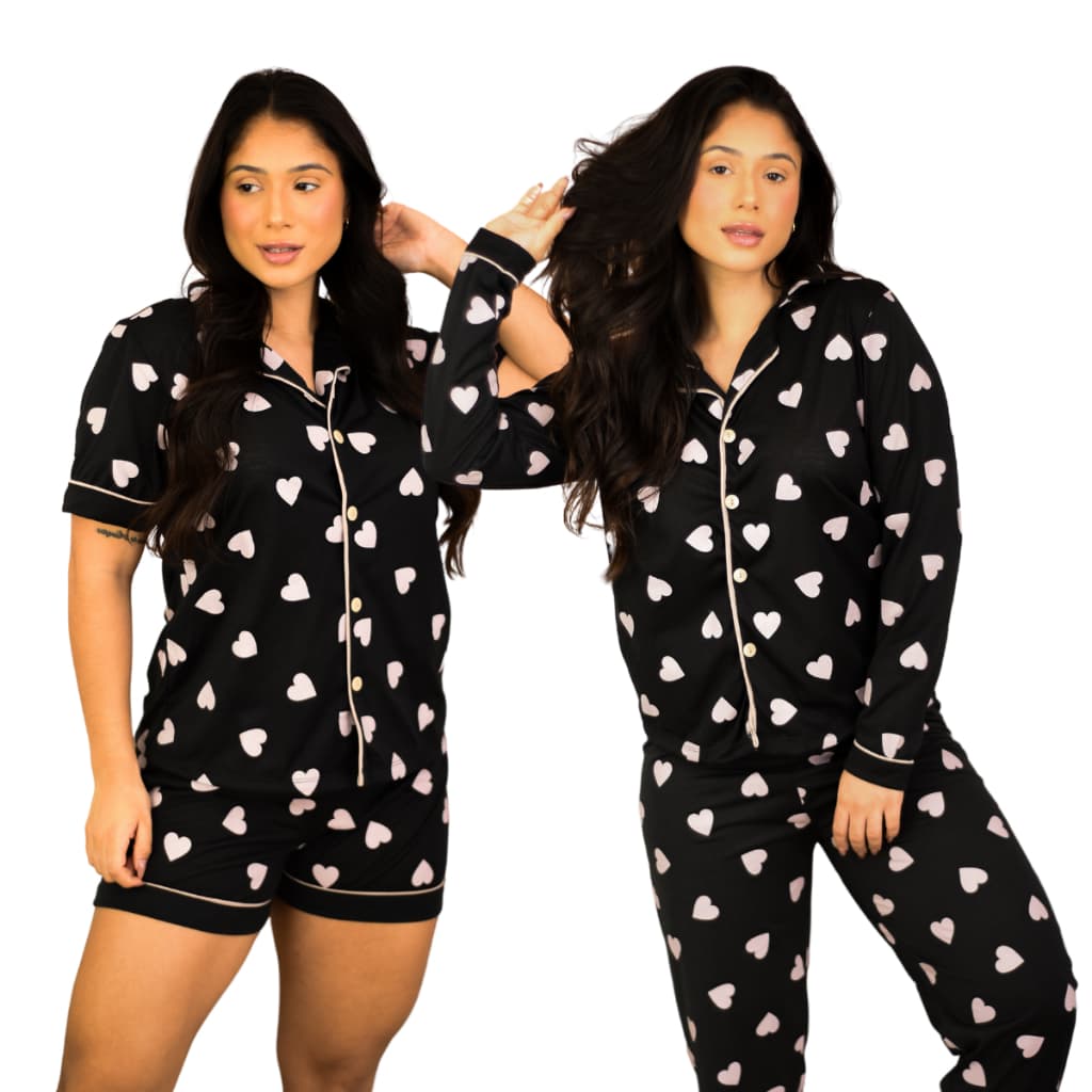 Kit Pijama Longo e Pijama Curto Americano Feminino Conforto Com Botões Amamentação Frio/Calor Malha