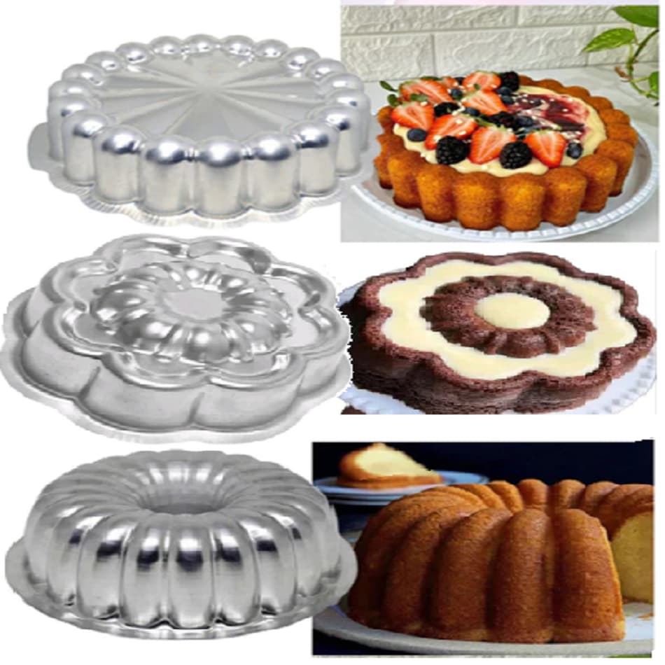 kit 3 Formas de Bolo Suiça Decoradas, Forma Margarida  + Forma Charlotte Gomada + Forma Torta Suiça