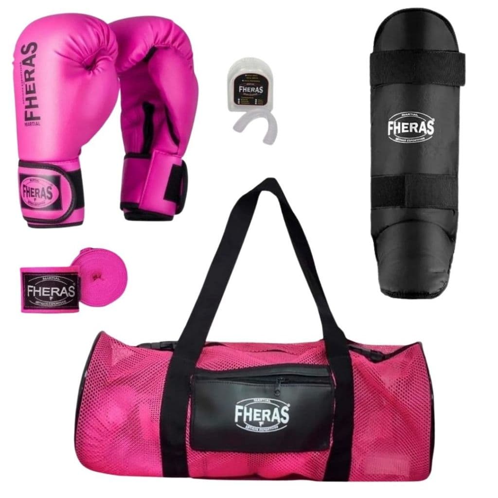 Kit Boxe Muay Thai MMA com Mochila + Luva Rosa Fheras+ Bandagem + Bucal e Caneleira