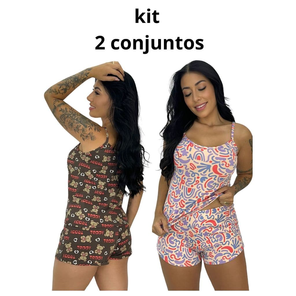 kit conjuntos short doll feminino com alcinha toque suave malha suede