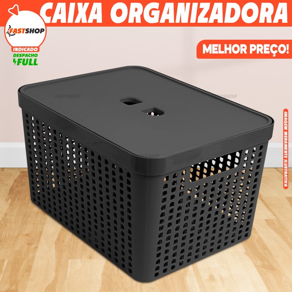 Caixa Organizadora 17 Litros Rattan Com Tampa Cesto Plástico Organizador de Armário e Gaveta Para Cozinha e Escritório