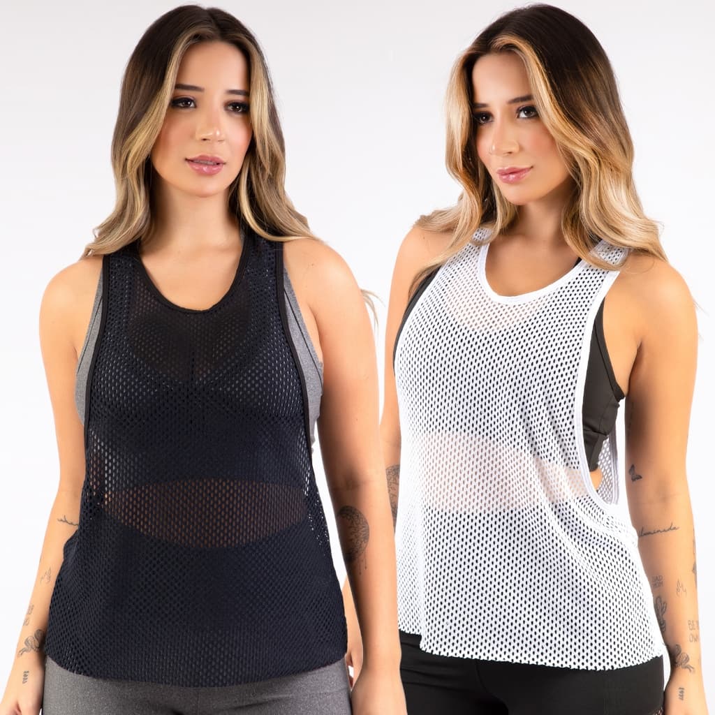 Kit 2 Regata Fitness Telinha Moda Fit Transparente Tulle Furadinha Academia Malhar Blusa Feminina Promoção